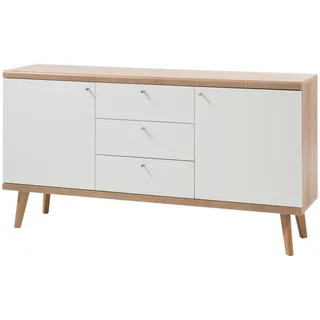 Furn.Design Sideboard weiß, Eiche Riviera, Kommode skandinavisch, 160 x 83 cm , Weiß, Eichefarben , Holzwerkstoff , Nachbildung,Eiche , Grafikmuster , 2 Fächer , eckig , 160x83x40 cm , FSC 100% , Kleinmöbel, Kommoden, Sideboards