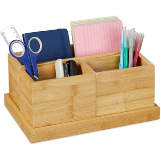 Relaxdays Schreibtisch Organizer, 4tlg. Set, Stiftehalter, Bambus Ablage, Tischorganizer für Büro Utensilien, Bad, natur