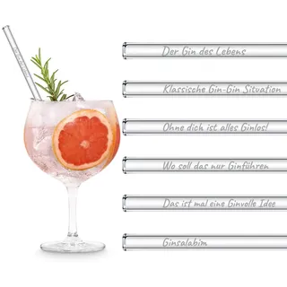 HALM Glas Strohhalme Gin Sprüche | Gin des Lebens Edition | 6x 20cm mit gravierten Gin Gläser Sprüchen | Glasstrohalme Gin Geschenkset für Gin Tonic Gläser | Trinkhalme Glas Geschenk