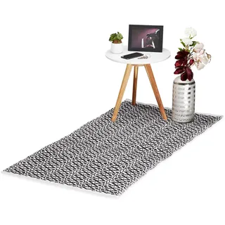 Relaxdays Teppich Läufer, handgefertigt, Baumwolle, Flurteppich Rautenmuster, rutschfest, 70 x 140 cm, schwarz-weiß