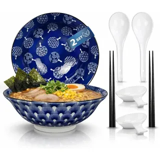 Urban Lifestyle Ramen Schüssel Set UCHIWA 2er aus Porzellan Ø 20,5 cm 1000 ml mit Ramen Löffel, Essstäbchen & Sojasauce Schälchen, Suppenschalen Porzellan Bowl Set