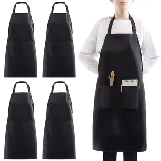4 Stück Kochschürzen, Wasserdicht Schwarz Schürze Gastro für Männer Frauen | Verstellbare Küchenschürze mit 2 Taschen, Professionelle Schürzen für Küche, Kochen, Backen, Garten, Restaurant, Grillen, BBQ