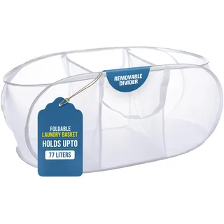 Handy Laundry Faltbarer Wäschekorb – Popup und zusammenklappbar, strapazierfähiges Netzmaterial, einfache Tragegriffe, toller Korb für Studentenwohnheim, Waschküche oder Reisen (Weiß | 3 Fächer)