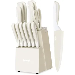 hecef 14-teilig Messerblock mit Messer, Creme, Antihaft-Beschichtung – Spülmaschinenfest, Messerblock selbstschärfend, Ergonomische Griffe, Platzsparendes küchenmesser set für jede Küche