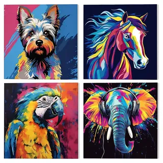 NAIMOER 4 Stück Bunte Tiere Malen Nach Zahlen mit Rahmen Erwachsene, Hund Pferd Malen Nach Zahlen für Kinder Alter 8-12 mit Pinseln Acrylpigment, Paint by Numbers 20x20cm