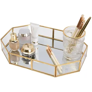 SLHEQING Spiegeltablett Gold Deko Tablett Vintage Make up Organizer, Verlobungstablett Metall Kosmetiktablett Schminktisch Organizer