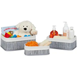 Relaxdays Aufbewahrungskorb 3er Set, Stoffbezug, Bambus, rechteckig, Bad, Accessoires, Spielzeug, Allzweckkorb, grau,