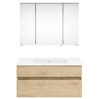 Puris Badezimmer , Eichefarben , Holzwerkstoff , 2 Schubladen , 90 cm , Goldenes M, Made in Germany , hängend , Badezimmer, Badmöbelsets & Badmöbelserien, Badmöbel-Sets