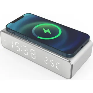INF Digitaler LED-Wecker mit kabellosem Ladegerät und Thermometer Silber - Silber