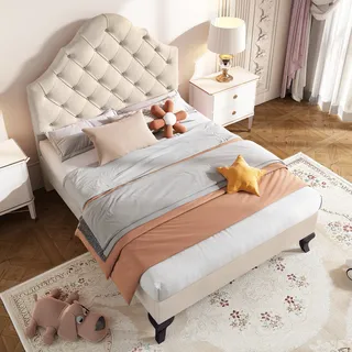 okwish Polsterbett 90*200cm, mit Lattenrost und Kopfteil, höhenverstellbares Kopfteil, Lattenroste aus Holz, einfache Montage, Samt, Beige - Beige