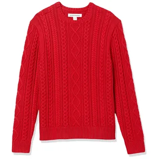 Amazon Essentials Herren Pullover mit Langen Ärmeln und Rundhalsausschnitt aus 100% Baumwolle mit Zopfmuster, Rot, L