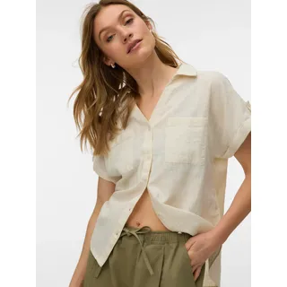 Vero Moda Kurzarmbluse "VMTHILDE SS SHIRT WVN NOOS" Baumwolle, Kurzarm mit Riegel, hinten etwas länger als vorn, silber lining checks:snow weiß