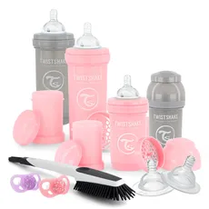 Twistshake Newborn Anti-Colic Baby Bottle Set with Milk Powder Container and Mixer - 9 Piece | 4 x Milk Bottles - 2 x Pacifier - 2 x Teat - 1 x Bottle Brush | BPA- Free Baby Milk Bottle | Pink Grey