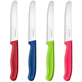 targzier Tafelmesser 4 Stück, Frühstücksmesser mit Wellenschliff,Scharfe Messer set,Kunststoffgriff Tomatenmesser,Rostfreier Stahl Brötchenmesser,Bunte Brotzeitmesser,Mehrfarbig küche Messerset