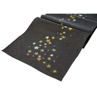 khevga Tischläufer Tischdecke Weihnachten modern in Grau mit Stickerei Gold Silber (Grau_Stern)