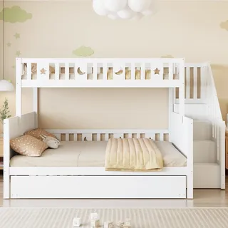Flieks Etagenbett 90x200/140x200 mit Lattenrost, Hochbett mit Stauraumtreppe, Kinderbett mit Rausfallschutz und Ausziehbett, Stockbett Weiß - Weiß