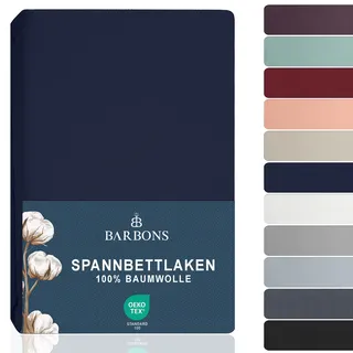 BARBONS Spannbettlaken 180x200cm - 100% Baumwolle Spannbetttuch Oeko-TEX Zertifiziert Bettlaken Jersey Bettwaren und Bettbezug für Boxspringbett und Dicke Matratzen bis 27 cm - Navy 180 x 200