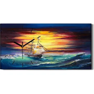 Küchenuhr Bürouhr Leinwand Uhr Quarz 60x30 Wellen Meer Segel Schiff Himmel bunte - schwarze Hände