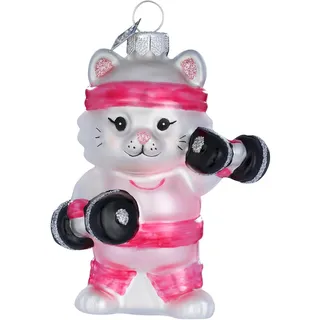 Holly & Jolly - Weihnachtskugel Fitness Katze, ca. 8,5 cm | Christbaumkugel aus Glas, handbemalt, Weihnachtsbaumschmuck in Pink, beglittert, Weihnachtsdeko für Innen