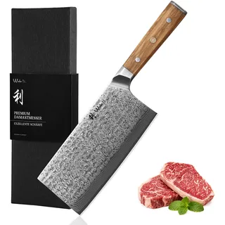 Wakoli Oribu Damastmesser Chai Dao chinesisches Kochmesser mit 18 cm Klinge, scharfes Küchenmesser aus 67 Lagen Damaststahl mit VG 10 Kern, Full Tang Griff aus Olivenholz in Geschenkbox