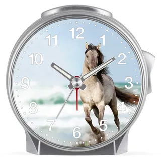 Eurotime Kinder Wecker für Mädchen mit Pferde-Motiv, Kunststoffgehäuse und Kunststoffglas, geräuscharmer Wecker, kein Ticken, mit Licht und Weckwiederholung, 29607-07