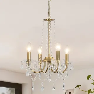 WTUOING Kronleuchter Kristall Gold, 4 Flammig Kronleuchter Vintage E14 Fassung Pendelleuchte Esstisch, Modern Deckenleuchte für Wohnzimmer, Schlafzimmer, Esszimmer, Flur