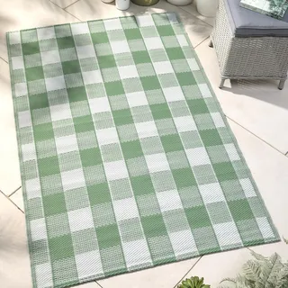 Dreams & Drapes - Grüner Gingham-Outdoor-Teppich (170 x 120 cm) – wasserabweisend – sonnenfest – leicht – Karierte Picknickdecke in Grün – 100% Polypropylen