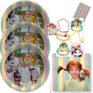 48-teiliges Party-Set - Pippi Langstrumpf - Teller Namensaufkleber Servietten Trinkhalme für 8 Kinder