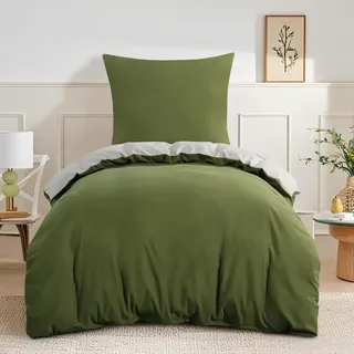 RUIKASI Bettwäsche 155x220 Olive Grün Beige 2teilig - Wendebettwäsche Bettbezug 155 x 220 mit Reißverschluss, Oeko-TEX Mikrofaser Bettwäsche Sets, Weich und Bügelfrei