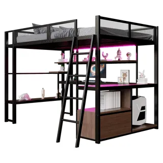 Hochbett mit Eckschreibtisch, Rausfallschutz, Regal und Schrank, 140x200 cm, Doppelbett, Kinderbett, Jugendbett, Metallbett - Schwarz