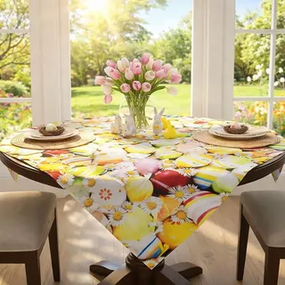 KAMACA Tischdecke Frühling & Ostern – Dekorative Oster Tischdecke mit Blumen, Hasen & Ostereiern, bunt Bedruckt, waschbar – Tischdekoration für Küche & Esstisch (85x85 cm, Ostereier)