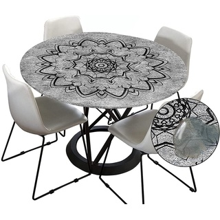 Morbuy Tischdecke Outdoor Rund 180 cm, Elastisch Rund Abwaschbar Tischdecken Wasserabweisend Lotuseffekt Garten Tischdecke Grau Mandala Table Cloth, Ideal für 160cm-170cm