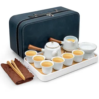 YFNVH 12-teiliges Tragbares Gongfu Teeservice mit Koffer – Chinesisches Keramik Teeset mit Seitengriff-Teekanne, 6 Tassen, Fair Cup & Bambus-Teetablett Teeset Geschenk für Reise & Zuhause