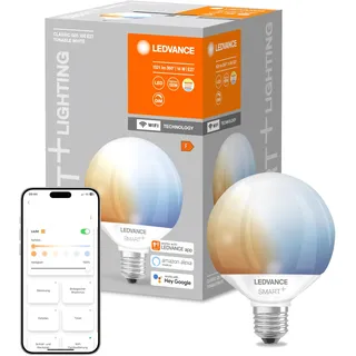 LEDVANCE Smarte LED-Lampe mit Wifi Technologie, Sockel E27, Dimmbar, Lichtfarbe änderbar (2700-6500K), Globeform, Matt, Ersatz für herkömmliche 100W-Glühbirnen, steuerbar mit Alexa, Google & App