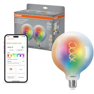 Osram SMART+ RGB Filament Globe Lampe mit Matter over Wifi, Vorteilspack mit 2 Stück, E27-Sockel, 5W, 16 Mio RGB-Farben, warmweiß-tageslichtweiß (2700-6500K), funktioniert mit Alexa, Google und Apple