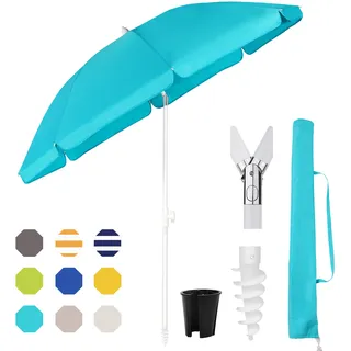Sekey Sonnenschirm Rund Ø180cm Gartenschirm UV Schutz 50+ Strandschirm mit erdspieß & Schutzhülle, Neigungswinkel und Höhe verstellbar - Türkis