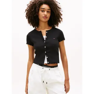 Kurzarmshirt TOMMY JEANS "TJW SS RIB TOP IM", Damen, Gr. M (38), schwarz, Rippware, Obermaterial: 95% Baumwolle, 5% Elasthan, unifarben, figurbetont normal, Rundhals, gewellter Abschluss, Shirts Kurzarmshirt, mit gerippter Struktur, Slim Fit