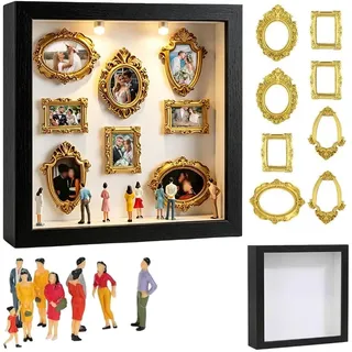 DIY Mini Museum Shadow Box mit LED Licht - Mini Bilderrahmen Vintage Set mit 8 Gold Rahmen & 8 Figuren, Miniatur Bilderrahmen zum Befüllen für Jahrestag, Hochzeit, Heimdekoration (Schwarz)