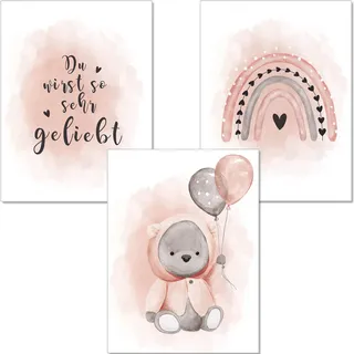 artpin® Poster Kinderzimmer, 3er Set Bilder Babyzimmer, Luftballon Baby Regenbogen Rosa P86
