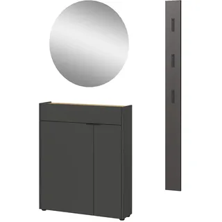 Garderoben-Set GERMANIA "Ameca", grau (graphit, navarra, eiche, nachbildung), B:113cm H:200cm T:22cm, Holzwerkstoff, Kastenmöbel-Sets, Garderoben-Set, Garderoben-Set beinhaltet: Schrank, Spiegel und Garderobenpaneel