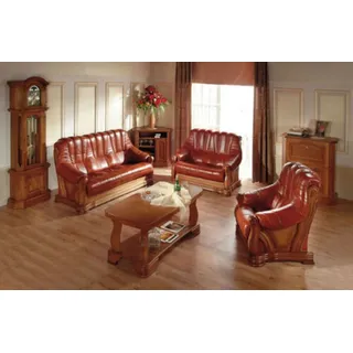 Wohnzimmer Sofagarnitur Couch Polster Sitz Sofa Leder Holz 3+2+1 Set Garnitur - Braun