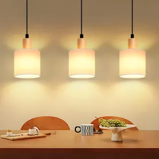 Glitzerlife Hängelampe 3 Flammig Pendelleuchte Holz - Esstischlampe Vintage Pendellampe Weiß Esstisch Hängeleuchte E14 Retro Stoffschirm Esszimmerlampe für Küche Schlafzimmer Wohnzimmer Restaurant