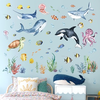 decalmile Wandtattoo Unter dem Meer Fisch Wandaufkleber Delphin Meeresschildkröte Seetang Wandsticker Kinderzimmer Babyzimmer Badezimmer Wanddeko