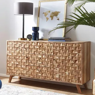 FineBuy Sideboard Akazie Massivholz 140 cm 2 Türen & 3 Schubladen - Massive Retro Kommode mit Design Front - Natur Anrichte - Handdustrial - Braun