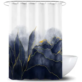 De-Mediocre Marineblauer Marmor Duschvorhang Stilvoll Ombre Dunkelblau und Gold Marmor Blätter Badezimmer Vorhänge Abstrakt Weiß Golden Stoff Wasserdicht Polyester 72 x 72 Zoll