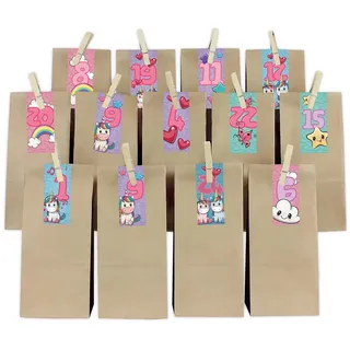 Finest-Folia Adventskalender Set Einhörner Streifen mit Papiertüten und Holzklammern Y067