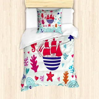 ABAKUHAUS Ozean Mantele, Segelschiff Anker Sea, Milbensicher Allergiker geeignet mit Kissenbezügen, 135 cm x 200 cm - 80 x 80 cm, Rot und Türkis - Türkis