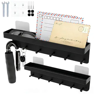 LOLYSIC 2 Stück Schlüsselbrett Schwarz Metall,Schlüsselhaken,Flur-Schlüsselhalter,Schlüsselbrett Ohne Bohren,Schlüsselregal mit 6 Haken, Schlüsselablage, Wand Schlüsselboard für Eingangsbereich, Flur