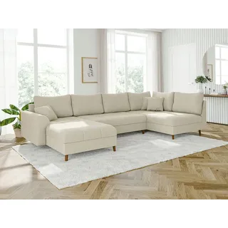 s-style möbel - Kai - Wohnlandschaft mit Braun Holzfüßen im skandinavischen Stil aus Beige Cord-Stoff, Ottomane links - Beige