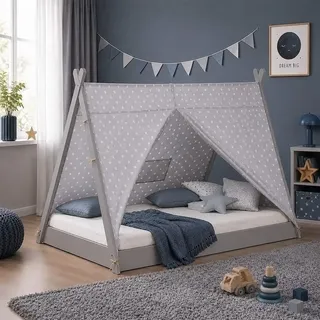 Homestyle4u Kinderbett Tipibett 90 x 200 cm Kiefer massiv grau